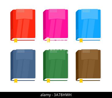 Six colorful bookmarks peek out from neat row of hardcover books standing upright on white background, perfect for back to school themes Stock Vector