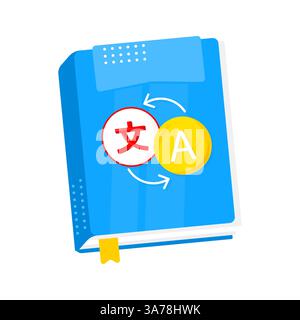 Blue dictionary translating chinese mandarin characters to english alphabet, learning new language concept Stock Vector