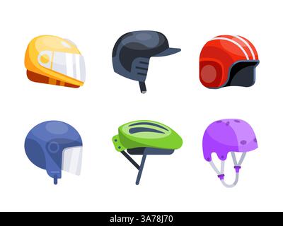 Set of colorful helmets providing safety for different sports and activities. Stock Vector