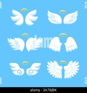 Six pairs of white angel wings with golden halo hovering on blue background Stock Vector