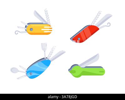 Set of multipurpose pocket knives for camping and hiking. Stock Vector