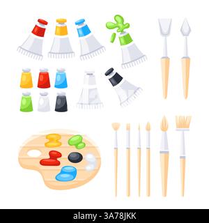 Set of tools for drawing and painting including palette, paint tubes and brushes. Stock Vector