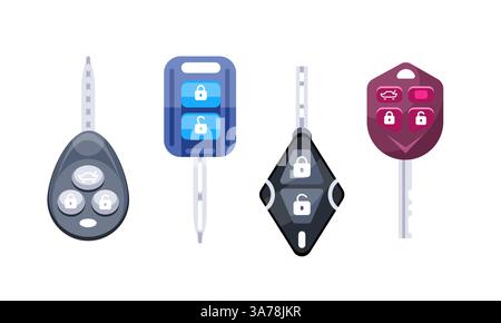 Car key fobs showing lock and unlock buttons for automobile security Stock Vector