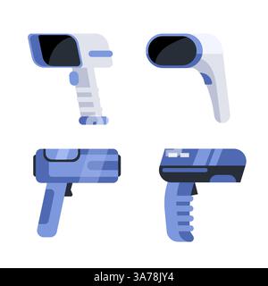 Collection of modern electronic devices scanning barcodes using laser beams in a simple flat vector illustration style. Stock Vector