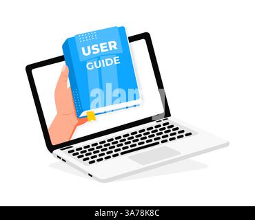 Hand holding user guide book coming out of laptop screen Stock Vector