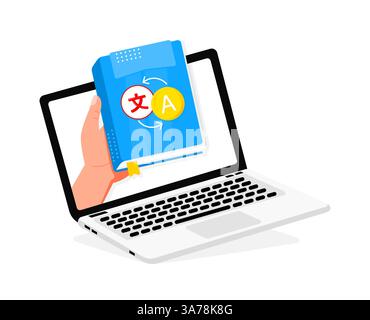 Hand holding dictionary coming out from laptop screen for online language course Stock Vector