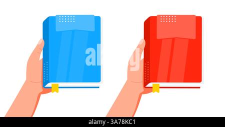 Hands holding red and blue books with bookmarks Stock Vector