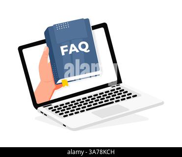 Hand holding faq book coming out of laptop screen Stock Vector