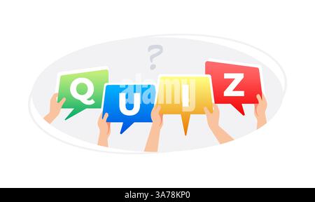 People holding speech bubbles forming quiz word with question mark Stock Vector