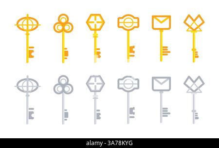 Set of golden and silver keys representing different concepts in a modern style Stock Vector