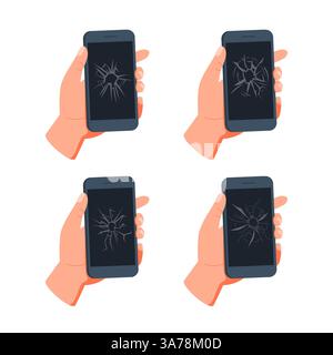 Hands holding smartphones with different damaged screens Stock Vector