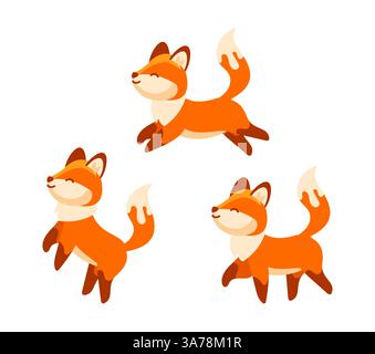 Three cartoon foxes are running, jumping and having fun Stock Vector