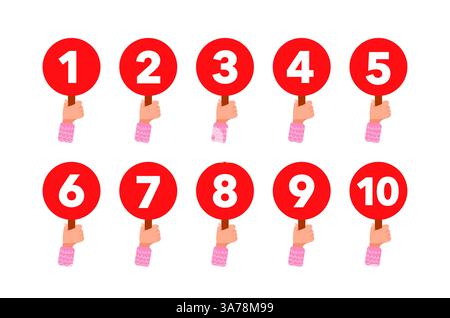 Jury members hands holding score signs from one to ten Stock Vector