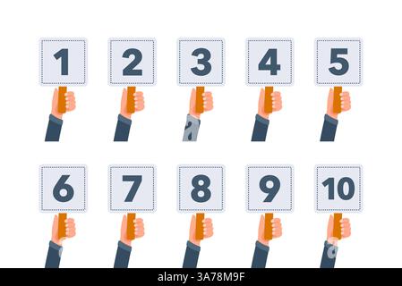 Jury members hands holding score placards from one to ten showing result Stock Vector