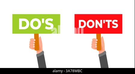 Businessman hands holding signs with dos and donts listing rules Stock Vector