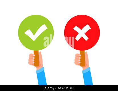 Hands holding yes and no round signs approving or disapproving Stock Vector
