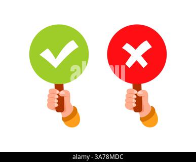 Hands holding right and wrong signs making decision Stock Vector