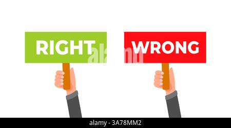 Businessman hands holding right and wrong signs banners placards Stock Vector