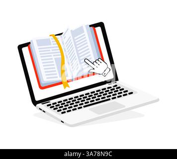 Hand cursor clicking on online book displayed on laptop screen, promoting online reading and digital library Stock Vector