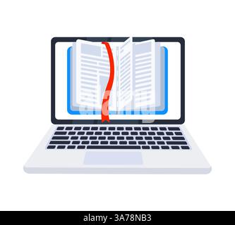 Online education concept with open book and red bookmark showing on laptop screen Stock Vector