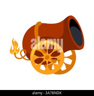 Ancient cannon shooting with lit fuse and golden wheels Stock Vector
