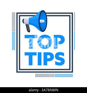 Megaphone Announcing Top Tips inside a Square Frame Stock Vector