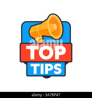 Megaphone Announcing Top Tips inside a Badge Stock Vector