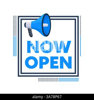 Megaphone Announcing Now Open on Geometric Background Stock Vector