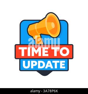 Megaphone Announcing Time To Update On Blue Red Label Stock Vector