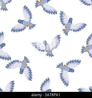 Seamless pattern with flying pigeons spreading wings on white background Stock Vector