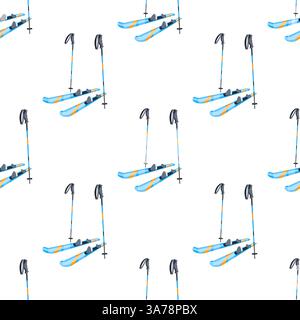 Seamless pattern of blue and orange skis and ski poles standing on white background Stock Vector
