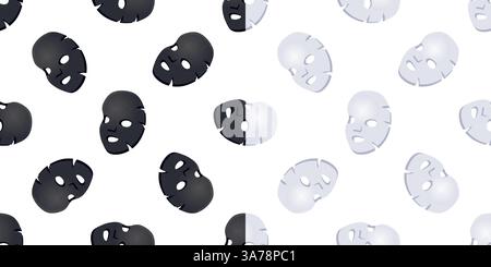 Black and White Facial Sheet Masks Floating on White Background Seamless Pattern Stock Vector