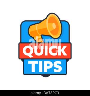 Megaphone Announcing Quick Tips inside a Badge Stock Vector