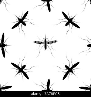 Mosquito Silhouette Seamless Pattern on White Background, Repeating Mosquito Insect Pattern Stock Vector