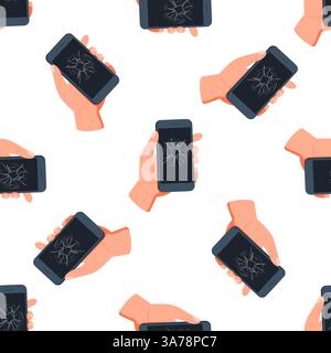 Hands holding smartphones with cracked screens on white background seamless pattern Stock Vector