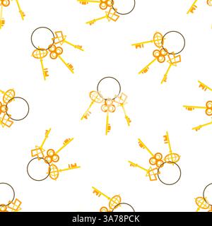 Golden Keys on Ring Seamless Pattern on White Background Stock Vector