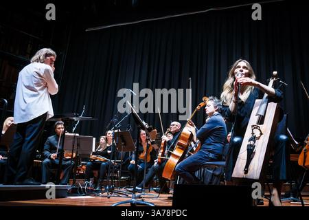 London, UK. 26th Mar, 2025. Hildur Guðnadóttir photographed on stage during the Hildur Guðnadóttir In Concert during The London Soundtrack Festival at Queen Elizabeth Hall. Picture by Julie Edwards./Alamy Live News Stock Photo