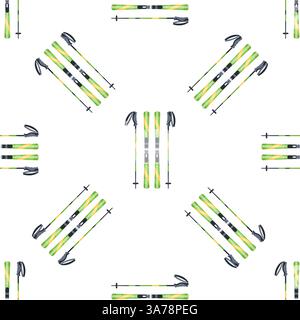 Seamless pattern of green and yellow skis and ski poles showing winter sports equipment for skiing Stock Vector