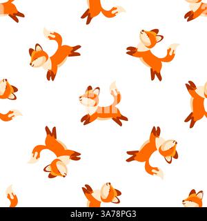 Cute Foxes Running and Jumping Seamless Pattern on White Background Stock Vector