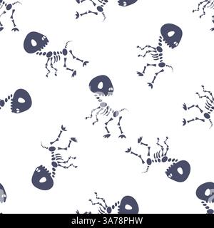 Seamless pattern with stylized dinosaur skeletons dancing on white background Stock Vector