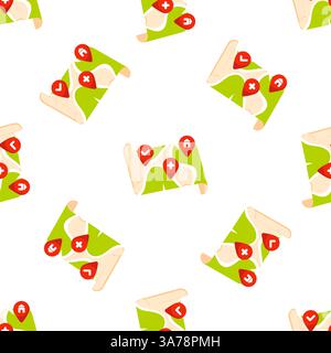 Seamless pattern with green maps showing different locations with red markers Stock Vector