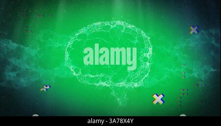 Digital image of abstract shapes over human brain spinning against green background Stock Photo