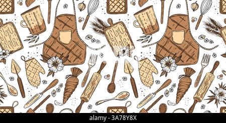 Bakery Kitchen Pattern Sketch Vintage Background Cooking Equipment Apron, Spatula, Glove, Fork and Rolling Pin Doodle Vector Wallpaper Stock Vector