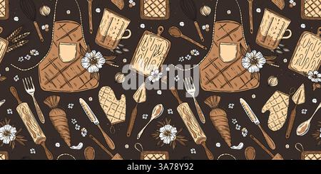 Bakery Shop Kitchen Pattern Sketch Vintage Background Cooking Equipment Apron, Spatula, Glove, Fork and Rolling Pin Doodle Vector Wallpaper Stock Vector