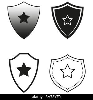 Shield star icons. Black and white emblems. Vector heraldic symbols. Clean symmetrical designs. Stock Vector