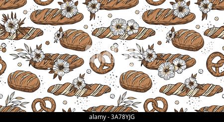 Bakery Bread Pattern Sketch Vintage Flower Loaf Pretzel Background Doodle Patisserie Vector Wallpaper Stock Vector