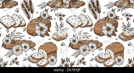 Bakery Bread Pattern Sketch Vintage Flower Loaf Background Doodle Patisserie Vector Wallpaper Stock Vector