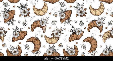 Bakery Pattern Sketch Seamless French Croissant Vintage Flower Background Doodle Patisserie Vector Wallpaper Stock Vector