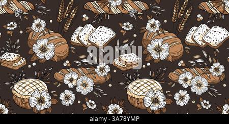 Bakery Bread Pattern Sketch Vintage Flower Loaf Background Doodle Patisserie Vector Wallpaper Stock Vector