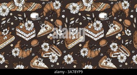 Baked good sweet cake pie bread macaron seamless pattern vector Stock Vector